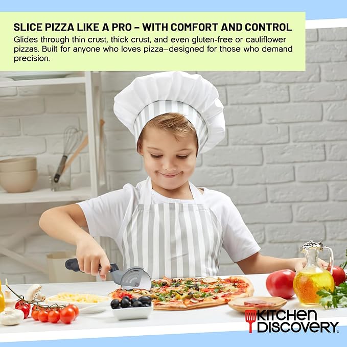 Stainless Steel Pizza Cutter – Kitchen Discovery – Pizza Wheel Cutter Slices Cleanly Through Gooey Cheese, Thick Toppings and Crispy Crust – Built In Safety Features Protect Hands