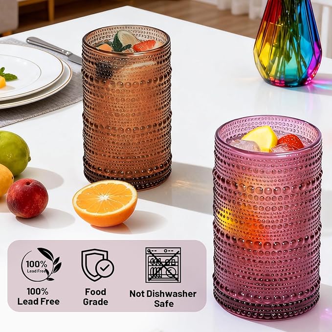 Colored Hobnail Drinking Glasses Set of 6, 12oz Vintage Kitchen Glassware, Embossed Design Water Glasses, Glass Cups, Water Tumbler for Beer, Juice, Cocktail, Whiskey, Milk