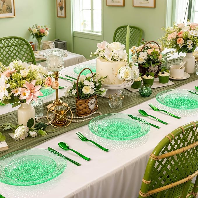 Rubtlamp 60Pcs Green Plastic Plates, Heavy Duty Easter Plates With Hammered Design, Green Party Disposable Plate Include 30 Dinner Plate, 30 Salad Platos, Fancy Plastic Platos For Easter Spring