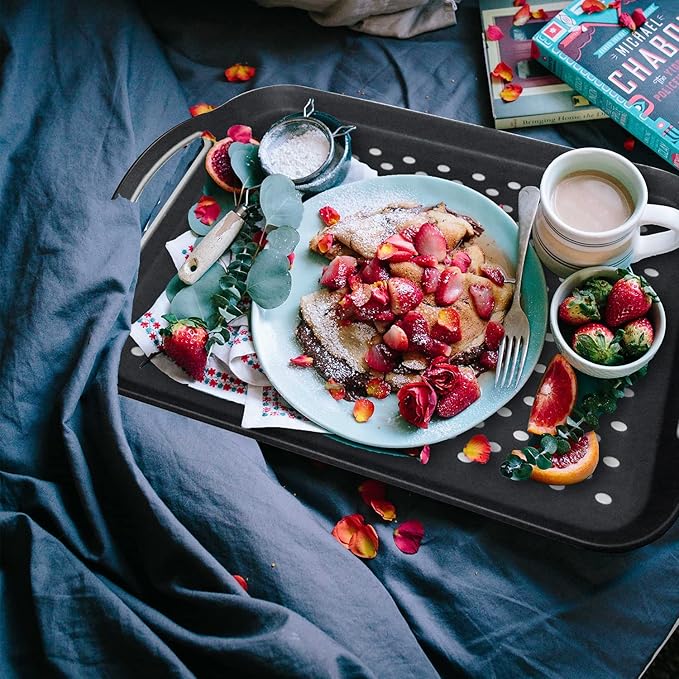 Large Non Slip Serving Tray with Handles, Silicone Gripping Nubs Lap Food Trays for Eating, Dishwasher Safe Serve for Dinner Snack Fruit Dessert Breakfast Beverage, Rectangular, Set of 2, Black