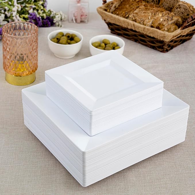 SETUP 60-Piece White Square Plastic Dinnerware Set – 30 9.5" Dinner & 30 6.5" Salad Plates – Heavy-Duty Disposable for Weddings, Catering, Parties