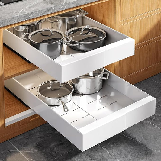 2 Pack Expandable Pull Out Cabinet Organizer 21" Deep with Raising Pad for Framed Cabinets,Upgrade 3 Slide Rails Slide Out Drawers,Roll Out Shelves Adhesive,Adjustable Width 9"-14.1" White