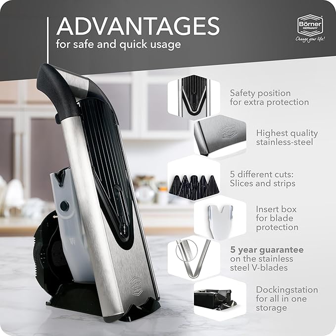 Börner by Reston Lloyd Mandoline Slicer V6 (Professional Set) • Stainless Steel Slicer with V-Blade • Adjustable Kitchen Slicer for Vegetables & Fruits • Various Thicknesses & Grater