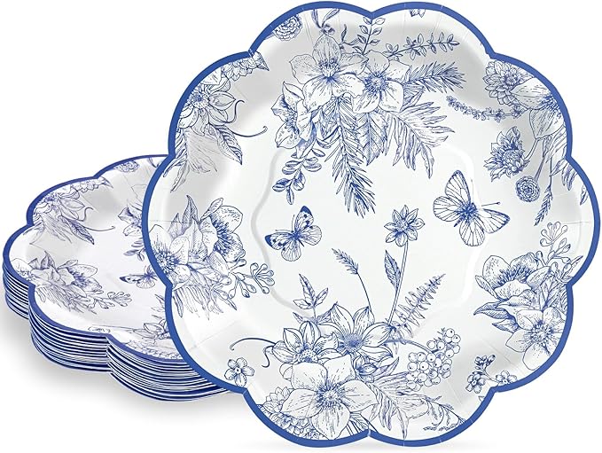 30 Pcs Blue Floral Paper Plates, 7 Inch Tea Party Plates Vintage Chinoiserie Flower Plate Disposable Blue and White Dessert Plate for Spring Garden Party Baby & Bridal Shower Birthday Wedding