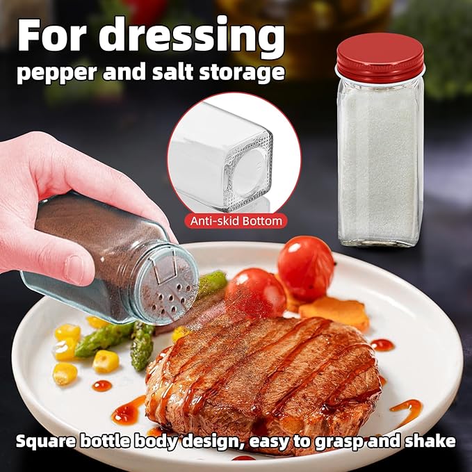 2Pcs 4oz Glass Spice Jars with Shaker Lids, Spice Jars Trial Set & Supplement Set, Empty Spice Containers and Square Spice Bottles for Kitchen (Red iron Lids)