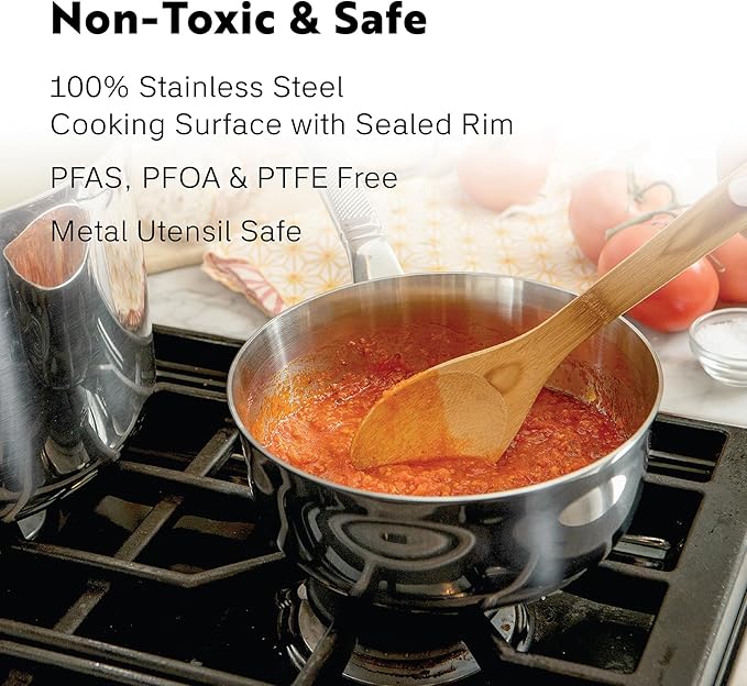 2 Quart Saucepan with Lid - Fully Clad Tri Ply Stainless Steel Saucepan - Professional Quality, Induction, Dishwasher Safe Sauce Pan/ 2 Quart Pot - Coating-Free, PFAS-Free Non Toxic Cookware