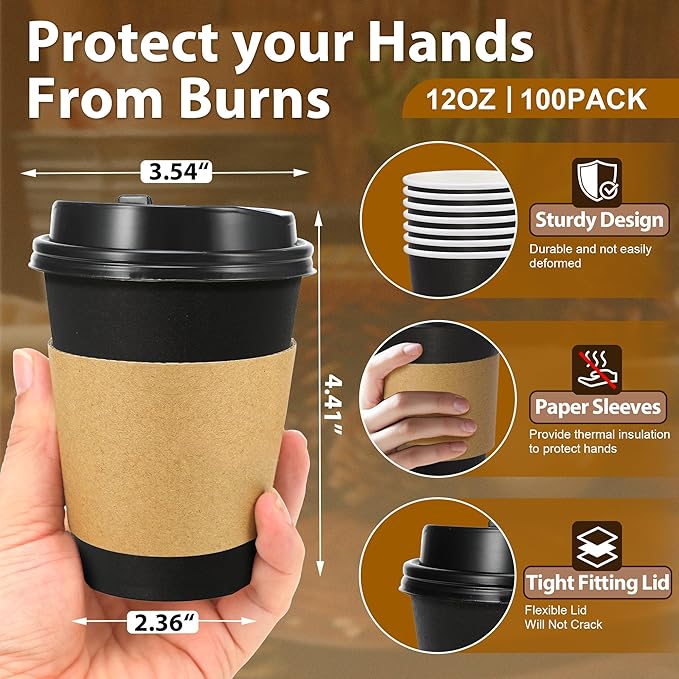500 Pack 12 oz Disposable Paper Coffee Cups with Lids and Sleeves, Leak-free Disposable Insulated Paper Cups for To Go Hot or Cold Beverages(Black)