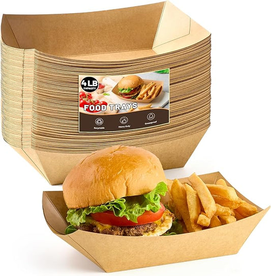 4 LB Large Paper Food Trays, 50 Pack Disposable Nacho Trays Kraft Paper Food Boats Party Serving Baskets for Nachos Sandwiches Burgers Popcorns Salads Snacks