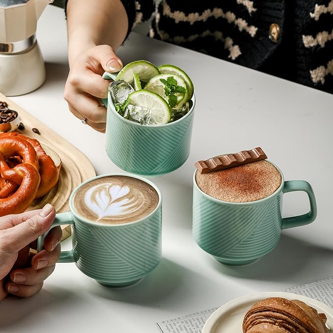 Stackable Coffee Mugs with Rack: 13 oz Stacking Ceramic Cups with Stand - Porcelain Stacked Tea Mug Set of 4 (Mint Green)