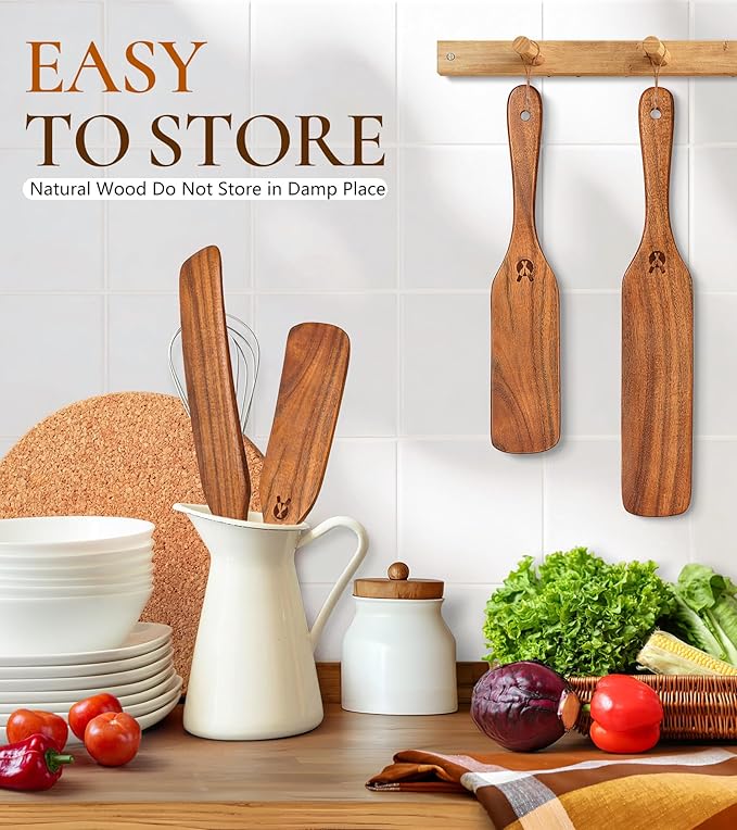 2Pcs Spurtles Kitchen Tools Wooden, Wooden Spurtle Spatula Set for Sourdough Starter, Natural from High Moist Resistance Teak, Kitchen Utensils for NonStick Cookware