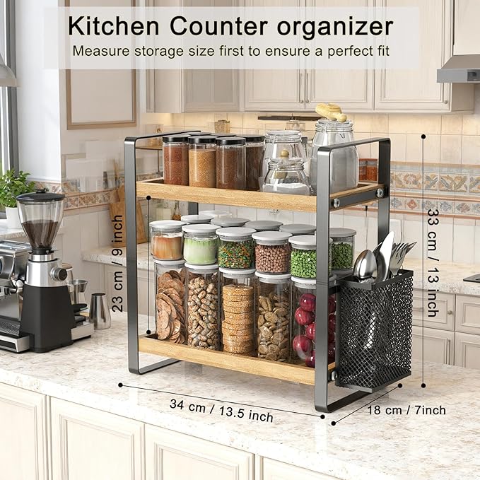 LEMIKKLE 2-Tier Coffee Bar Organizer With Basket,Wooden Shelf for Coffee Bar Accessories,Spice Rack Organizer for Countertop-Brown