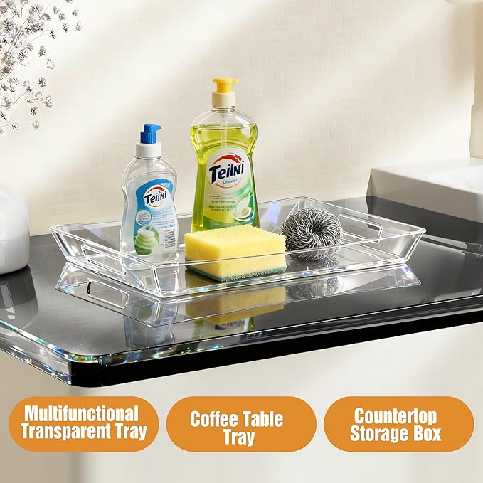 Clear Plastic Serving Tray with Handles, BPA-Free Storage Organizer Tray - Large 16"x11.5" Multi-Purpose for Coffee, Juice, Kitchen, Desk, Office & Party