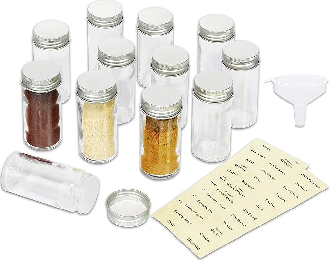 Simple Houseware 12-Pack 3 oz Glass Spice Jars, Round Bottles with Shaker Lids, Funnel and Labels for Seasoning & Storage