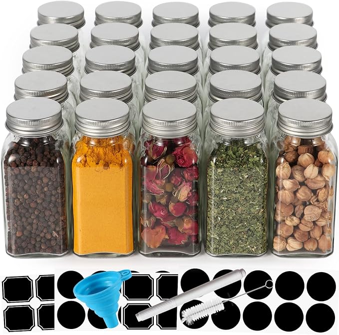 Keketin 6 oz Glass Spice Jars Bottles,25 Pack Empty Spice Jars with Shaker Lids and Labels,180ml Square Spice Containers with Airtight Silver Caps(Chalk Marker,Funnel and Brush include)