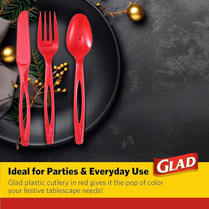 Glad Heavy Duty Full Size Assorted Plastic Cutlery Set | Red Extra Heavy Duty Forks, Knives, and Spoons | Set of Disposable Party Utensils, Heavy Duty and Sturdy Cutlery (Pack of 3, 48 Count)