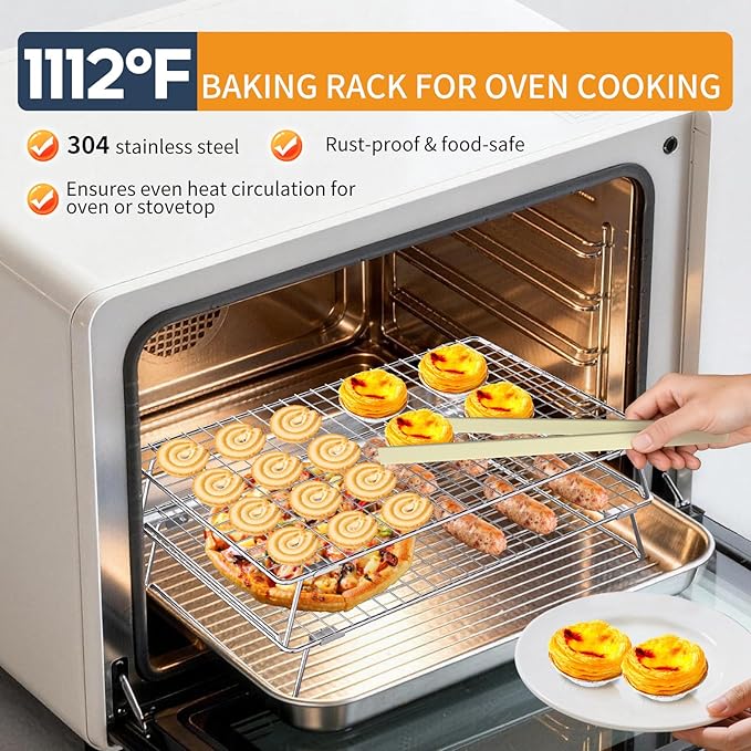 2 Tier 304 Stainless Steel Cooling Rack for Cooking and Baking, Oven Safe Wire Rack for Baking Sheet w/Silicone Tong, 13.4" x 9.4" Cookie Cooling Rack for Pizza, Bread, Stackable Baking Rack