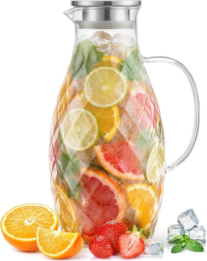 Premium Borosilicate Glass Pitcher with Lid and Spout - 3 Liter / 100 oz, Borosilicate Glass with Handle - Carafe for Hot/Cold Beverages - Water Jug - Iced Tea Pitcher - Juice Server