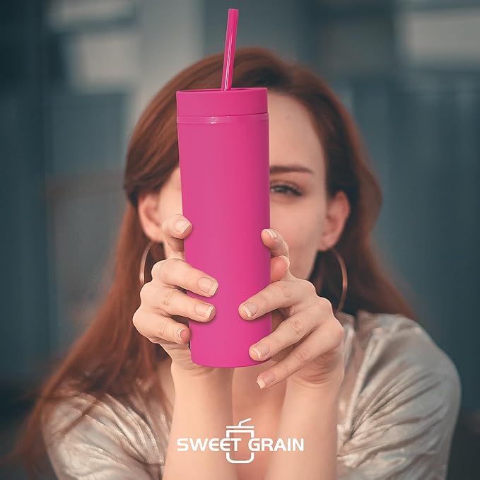 sweet grain Skinny Tumblers with Lids and Straws(6 Pack) - 16oz Matte Pastel Colored Skinny Acrylic Tumblers, Double Wall Plastic Tall Skinny Tumblers Bulk for Cold Hot Drinks - Rose Red