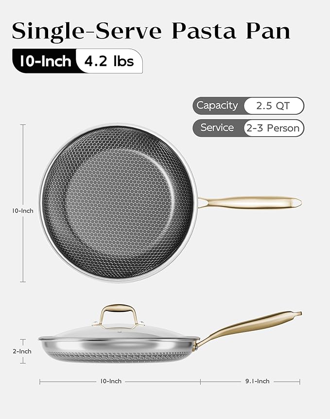 Honeycomb Stainless Steel Nonstick Frying Pan with Lid 10 Inch, Induction Cooktop Compatible Skillet, PFOA-Free Scratch-Proof, Dishwasher & Oven Safe, Stay-Cool Handle, Gold Kitchen Cookware