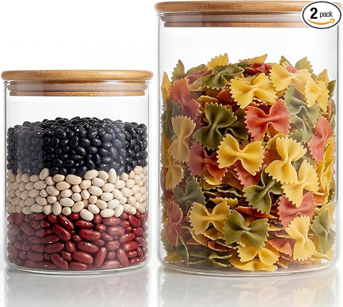 Extra Large Glass Flour and Sugar Storage Containers with Airtight lid,105 floz x1 & 48 floz x1 [Set of 2] Big Glass Jars with Bamboo Lids, Air Tight Food Jar for Cereal, Pasta, Rice, Coffee