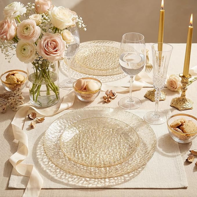 Rubtlamp 60Pcs Gold Glitter Plastic Plates, Heavy Duty Glitter Disposable Plates with Hammered Design, Include 30 Dinner Plates and 30 Salad Plates for Spring, Easter, Weddings and Parties
