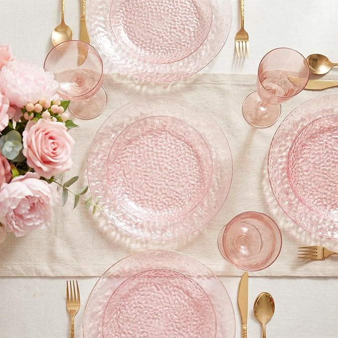 Rubtlamp 60PCS Pink Plastic Plates, Disposable Pink Easter Plates with Hammered Design, Heavy Duty Plastic Platos Fancy Party Platos Include 30 Dessert Plate & 30 Dinner Plate for Bridal Wedding