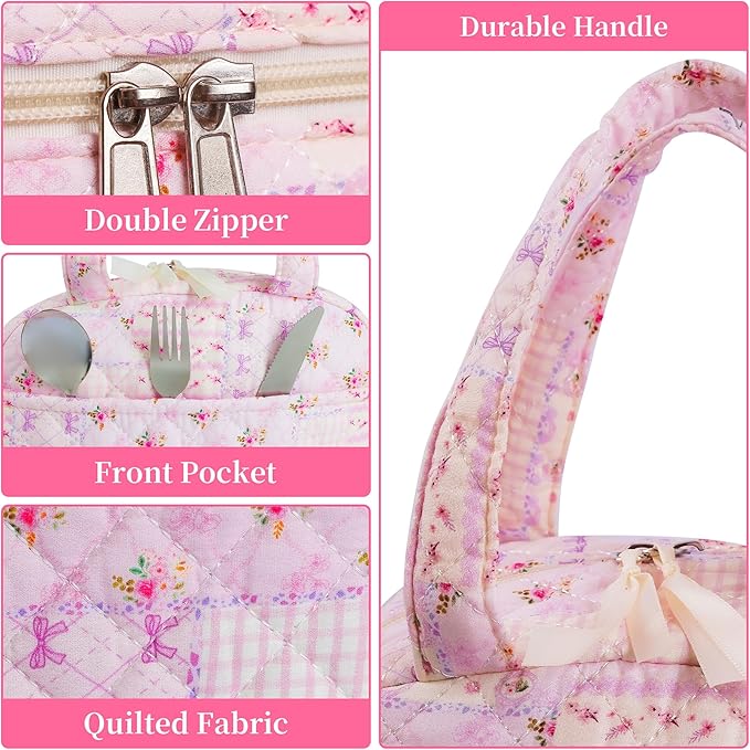 Quilted Lunch Box for Women,Coquette Aesthetic Lunch Box for Teen Girls,Cute Floral Lunch Bags for Work, School,Office,Picnic,Travel (purple pin)