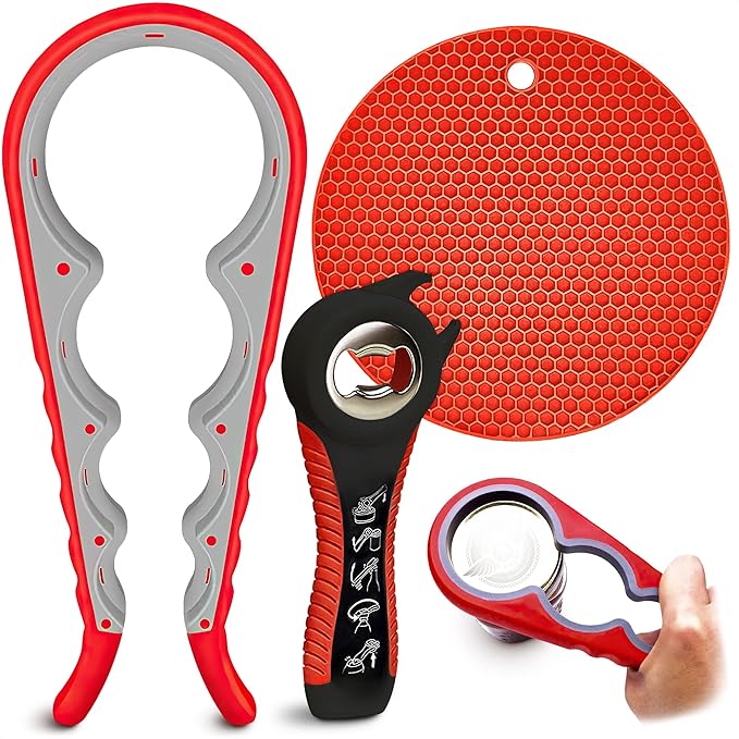 3 Pcs Rubber Jar Opener Grippers Tools for Seniors - Rubber Jar Opener Gripper Pad and 2 Openers for Seniors with Weak Hands, Ergonomic Handle, Easy to Use, Fits Up to 2.7 Inch Caps, Mothers Day Gift