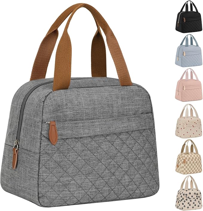 Insulated Lunch Bag for Women, Portable Lightweight Lunch Box for Adults, Reusable Small Lunch Tote Cooler Bags with Front Zipper Pocket for Work School Picnic(Gray)