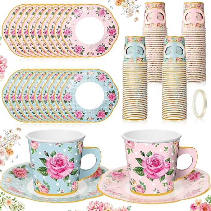 Umigy 60 Sets Spring Tea Party Decorations 6.5 oz Floral Paper Teacups & Saucer Set for Girls Women Afternoon Tea Parties Mothers Day Bridal Shower Wedding Birthday Party Decorations(Pink Blue)