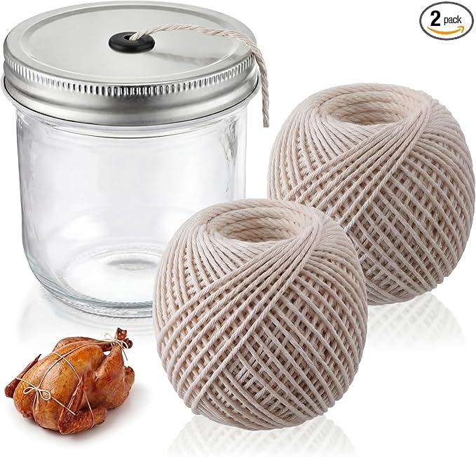 Dreyoo Kitchen Twine with Glass Mason Jar Dispenser, 2 Pack 216FT Cooking Twine, 2MM Natural Cotton Butcher Twines for Meat, Turkey, Roast & Kitchen Use, Center Pull Butcher Twines for Cooking (White)
