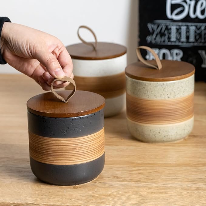 Ceramic Jar with Lid, Coffee Container Kitchen Food Storage Jars for Spice Sugar Tea Bag, Stackable Decorative Jars for Countertop, Black & 18 fl.oz
