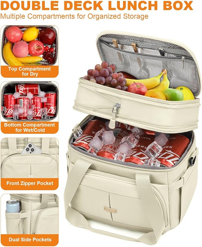 Lunch Box For Men Women Double Deck Insulated Lunch Bag For Men Woman Leakproof Expandable Cooler Bag with Adjustable Shoulder Strap for Work Shool Picnic(Beige,Medium)