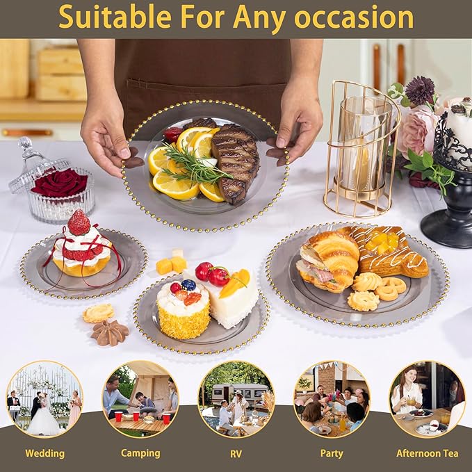 EI 60pcs Clear Black and Gold Plastic Plates Disposable Plates Heavy Duty,10" Dinner & 7" Dessert Clear Black Plate Perfect Wedding,Party,Birthday,Anniversary,Business Events