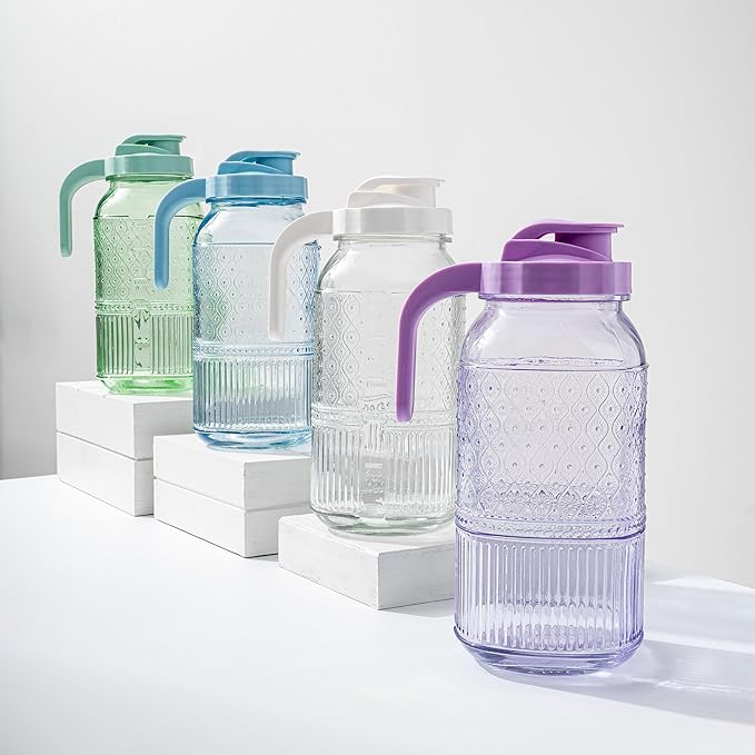 Glass Pitchers Set of 2 – Mason Jar Style Pitcher with Handle & Lid, 64 oz Water Jug for Juice, Iced Tea, Cold Brew, Water, Vintage Claro Collection Kitchen Décor