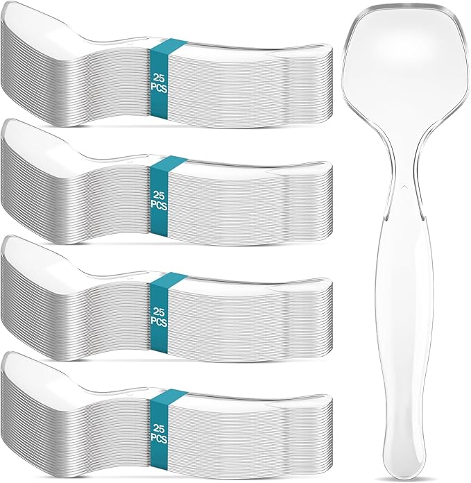 LemonRoad 100 Pack Plastic Serving Spoons for Buffet, Clear Plastic Serving Utensils for Hot and Cold Food, Large Heavy Duty Disposable Utensils for Parties, Holidays and Gatherings