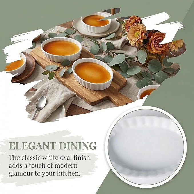 Creme Brulee Ramekins, 6 Pcs Oval Ceramic Baking Dishes, 5.2 Inch Oven Safe Baking Dishes for Souffle, Dessert, Baked Gratins, Prep Bowls for Ingredients, Dipping Sauces - Dishwasher Safe & Stackable