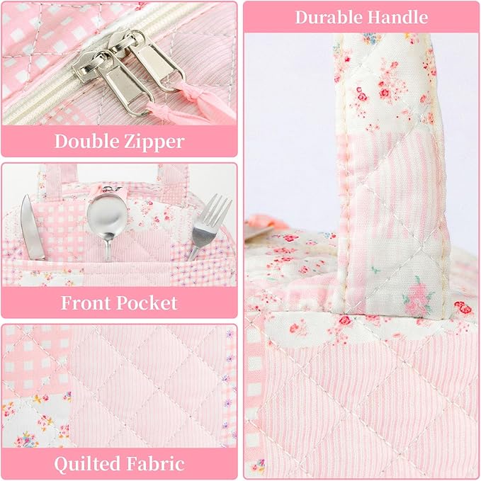 Quilted Lunch Box for Women,Coquette Aesthetic Lunch Box for Teen Girls,Cute Pink Patchwork Lunch Bags for Work, School,Office,Picnic,Travel (Pink Patchwork)