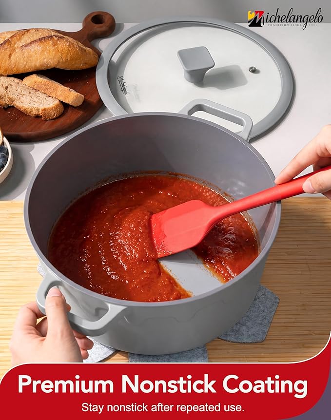 MICHELANGELO 8-Quart Soup Pot with Lid - Nonstick Large Ceramic Stock Pot for Induction Cooktop, 8qt Non Stick Cooking Pots with Silicone Handle Covers & Pot-Holder, Grey