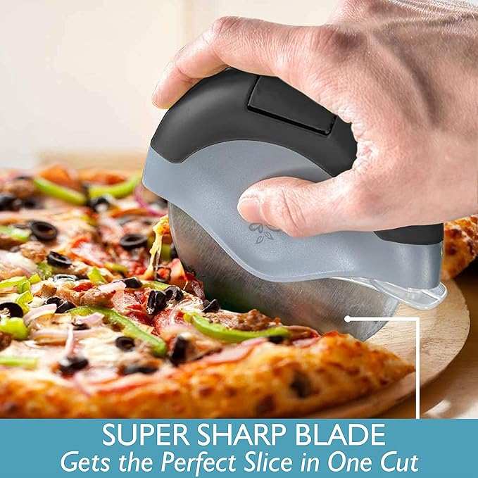 Black Pizza Cutter Wheel with Protective Blade Cover, improved, Super Sharp, Easy To Use and Clean, Slicer, Ergonomic Rubberized Grip, heavy dutty, Stainless Steel, Dishwater Safe