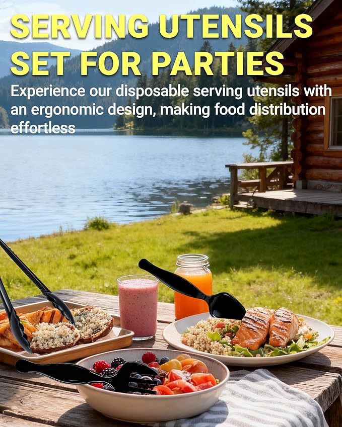 Disposable Black Plastic Spoons, Forks, Tongs | 12-Set (36 Pcs) Serving Utensils Set for Catering, Buffets, Parties, Events, Weddings, Picnics, Banquets, Daily Meals, Heavy-Duty Cutlery for Daily Use