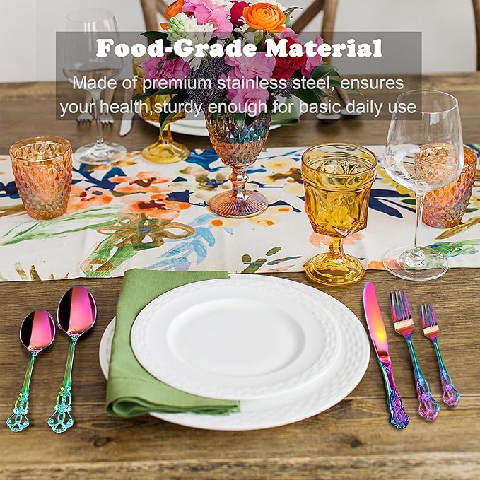 Runfly Retro Royal Rainbow 48 Pieces Flatware Set, Gorgeous Multicolour Silverware Set For 8, Anti-rust Stainless Steel dark Cutlery Set Utensils Including Fork Spoon and Knife