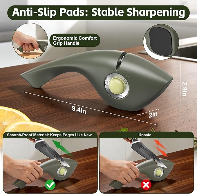 MAD SHARK 1-Button 3-Stage Knife Sharpener - Adjustable Diamond & Ceramic, No-Scratch ABS Body for Kitchen/Pocket Knives,Repairs, Sharpens & Polishes,One-Handed Operation with Non-Slip Base (Green）