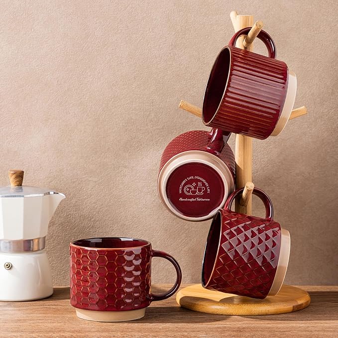 GBhome 15 OZ Large Stackable Coffee Mugs, Ceramic Coffee Mugs with Texture Patterns for Man,Woman,Dad,Mom, Modern Coffee Mugs Set of 4 for Latte/Cappuccino/Cocoa. Dishwasher&Microwave Safe