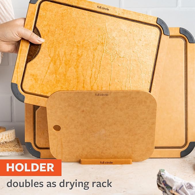 Full Circle Chop Shop Cutting Board Set with Holder – 3 Kitchen Cutting Boards with Countertop Holder & Drying Rack – Dishwasher Safe, Lightweight, Naturally Bonded Kraft Paper