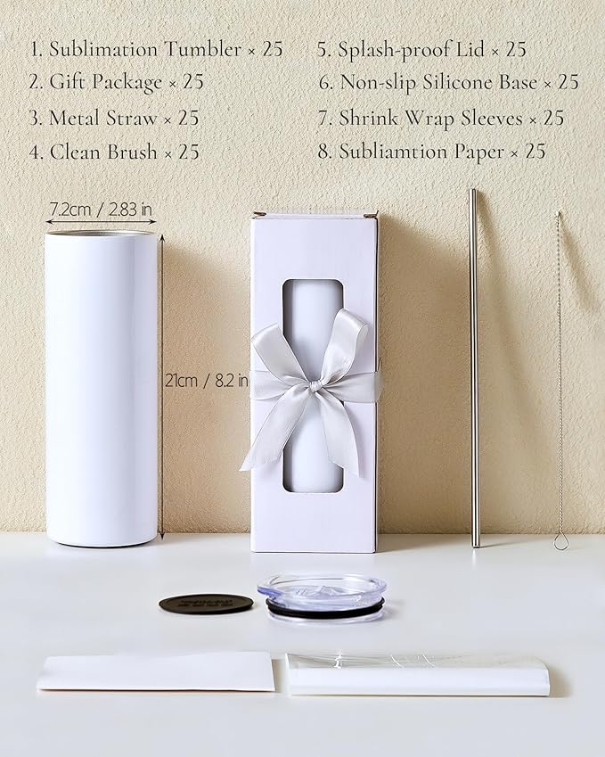 25 Pack 20oz Sublimation Tumbler Blanks Skinny Straight in Bulk, Stainless Steel Insulated Sublimation Tumbler with Polymer Coating for Heat Transfer, with Lid, Straw, Ribbon, Gift Box