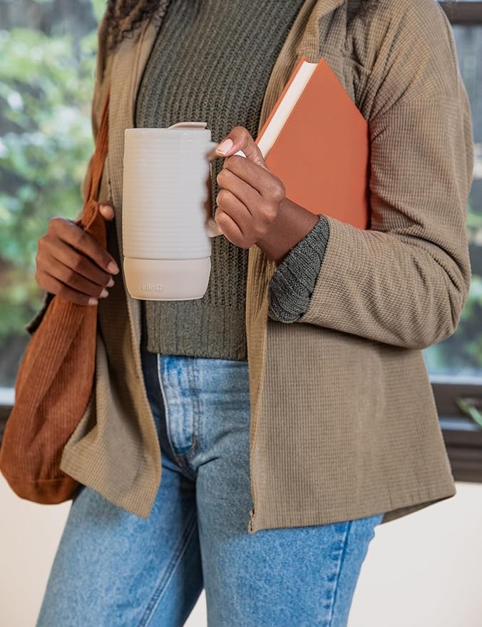 Ello Jane 18oz Ceramic Travel Mug with Handle, Splash-Resistant Slider Lid and Built-in Coaster, Perfect for Coffee and Tea, BPA Free, Dishwasher Safe, Gift for Him Her Mother's Day Birthday, Sandbar