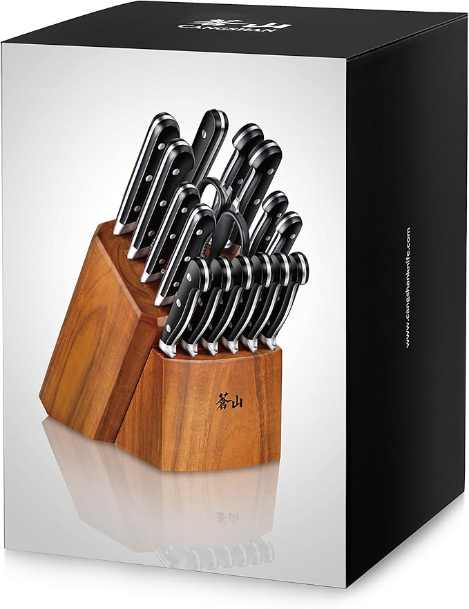 Cangshan TV2 Series 1023053 Swedish 14C28N Steel Forged 17-Piece Knife Block Set, Acacia