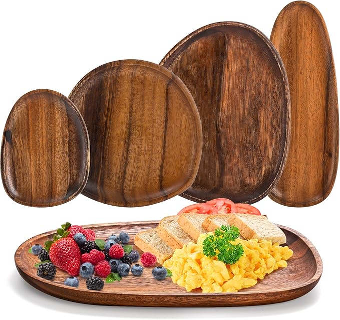 Okllen Set of 5 Acacia Wood Serving Platter and Trays, Irregular Oval Solid Wood Plates Serving Tray, Lightweight Wood Dinner Plates for Breakfast, Coffee, Tea, Snack, Plant, Housewarming Gift