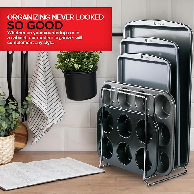 Stock Your Home Chrome (2 Pack) Extra Tall Steel Baking Pan Organizer Rack for Cabinet Storage or Kitchen Counter, Cookie Baking Sheet Organizer with Dividers, Muffin Tin and Cutting Board Holder